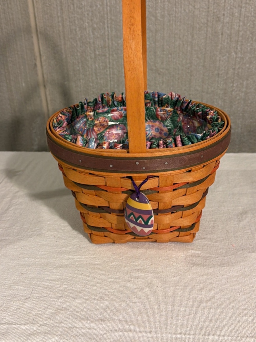 Longaberger Handwoven Easter Basket with Colorful Liner and Egg Charm